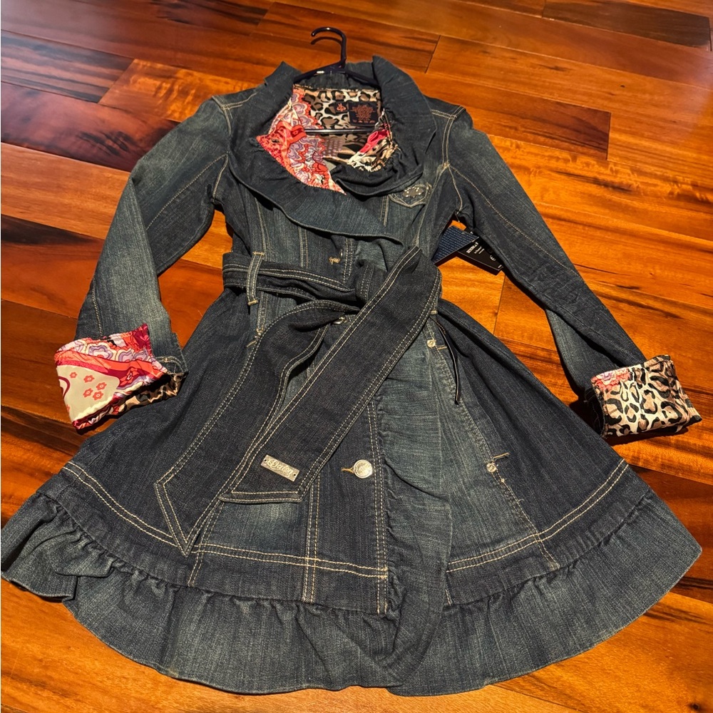 Dereon Dark Blue Jean Jacket with Patterned Accents